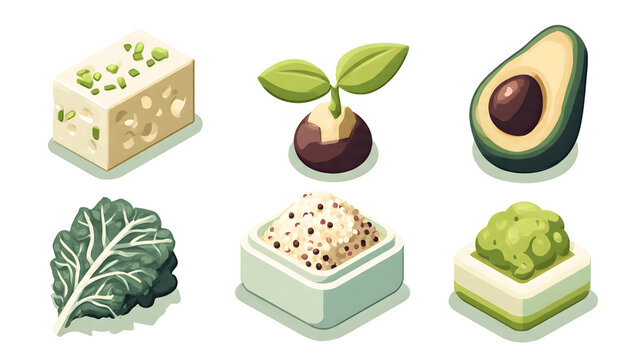 Isometric vector icon set of healthy vegan superfoods including tofu, avocado, kale, quinoa and green plant seedling for organic food concept