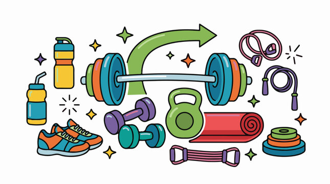 Colorful cartoon-style exercise equipment and hydration bottles
