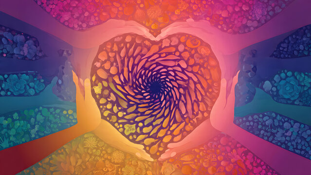 A mesmerizing vortex of vibrant colors radiating from a symbolic heart, cradled by ethereal hands, representing an abstract concept of interconnected love and spiritual energy