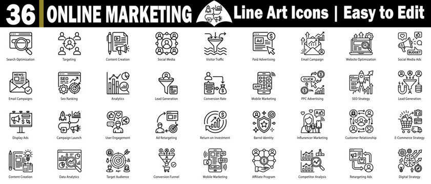Online marketing line art icon set with digital strategy SEO PPC advertising social media content and analytics vector illustration.