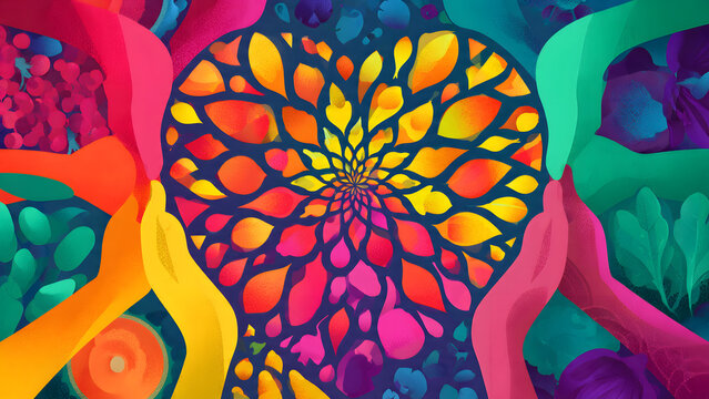 Vibrant illustration of diverse hands embracing a radiating colorful heart, symbolizing unity, compassion, and collective support for global harmony