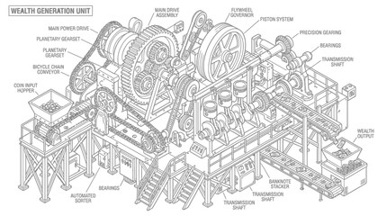 Obraz premium Detailed isometric technical drawing of a complex industrial wealth generation unit with gears and conveyor belts.