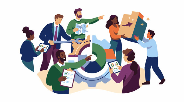 Diverse team collaborates on project with gears charts and building blocks