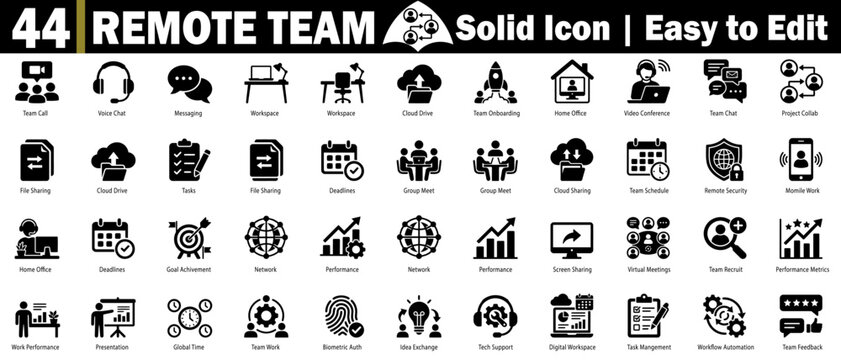 Remote team icon set. Featuring calls, voice chat, messaging, workspace cloud drive, team onboarding, and home office video conference icons vector illustration.