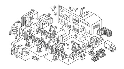 Obraz premium Isometric illustration of a smart factory with automated production lines and data analytics.