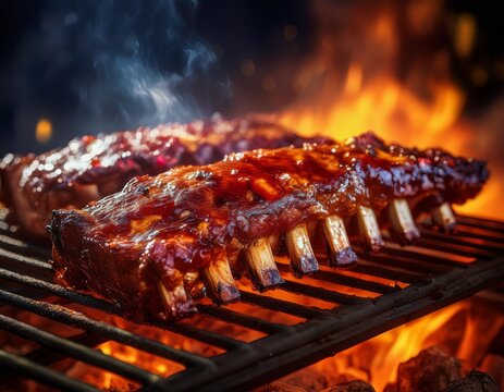 bbg ribs cooking on flaming grill shot with selective focus digital art