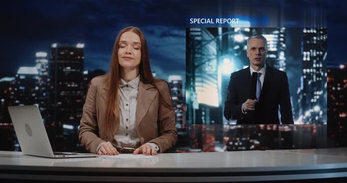 Anchor Hosts Broadcast Links With Field Reporter Through Holographic VFX Projection. Virtual Journalist Appears Beside Presenter While Reporting From Night City With Microphone During News Coverage.