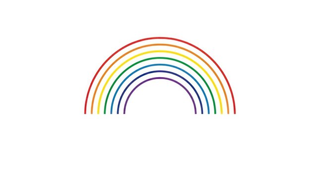 Simple rainbow vector logo element with multi colored curved bands on white space backdrop.