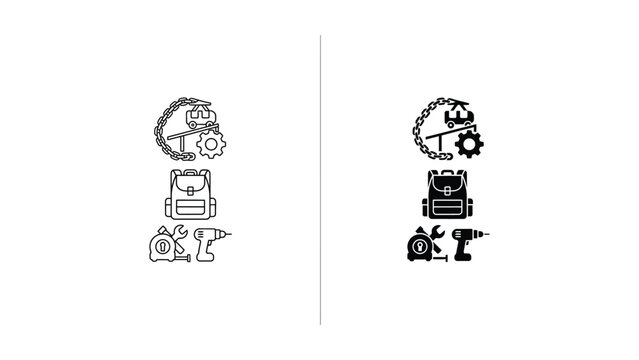 black and white vector illustration of a backpack and a drill