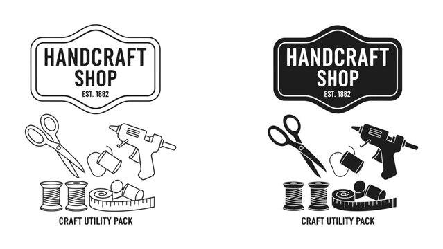 black and white vector illustration of handcraft shop logo and craft utility pack