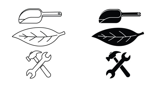 Black and white shovel and leaf vector illustration isolated on white background