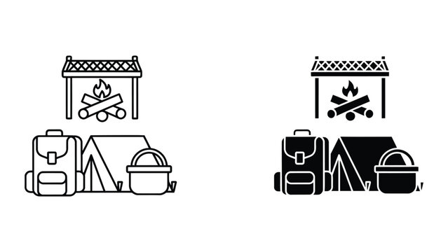 Black and white camping setup vector illustration isolated on white background