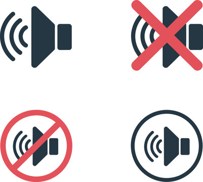 Set of four speaker volume icons, including sound on and sound off variations with crossout symbols and circular borders