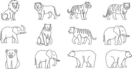 Wild Animal Outline Icon Set with Lion, Tiger, Elephant, and Bear Standing and Sitting Pose Symbols © Lcpl
