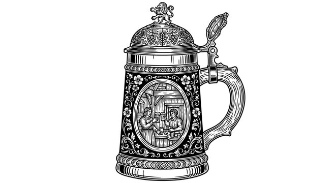 Detailed vintage German beer stein mug illustration.