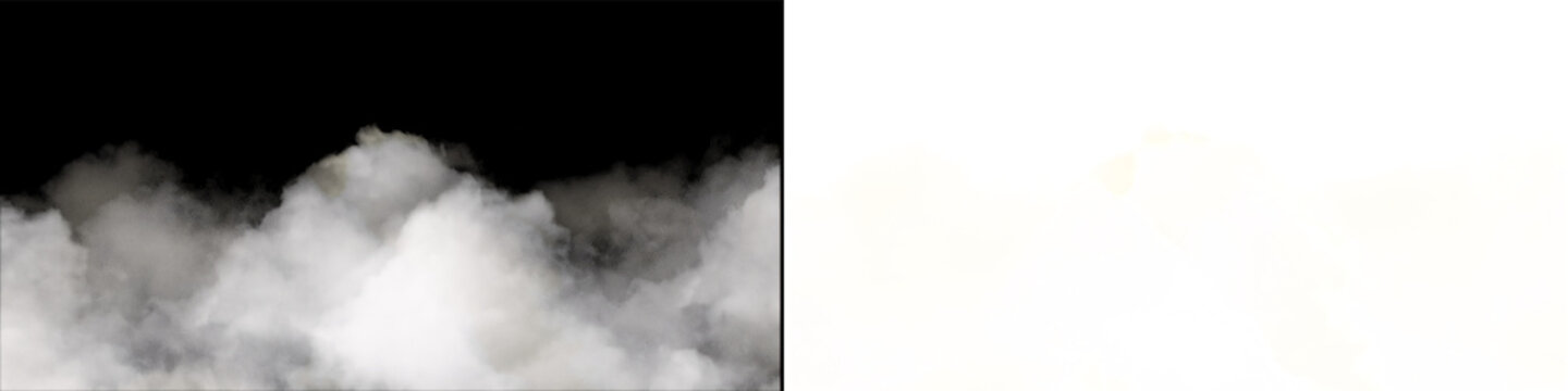 Bottom border of dense white clouds with soft detailed edges on transparent background for overlay.