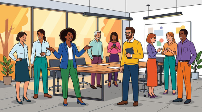 A diverse team of professionals engages in a collaborative discussion inside a sunny corporate office space while standing around a large wooden table during their productive workday morning