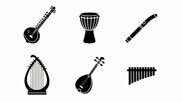 Diverse Musical Instruments Icon Set: Sitar, Drum, Flute, Lyre, Oud, Panpipes