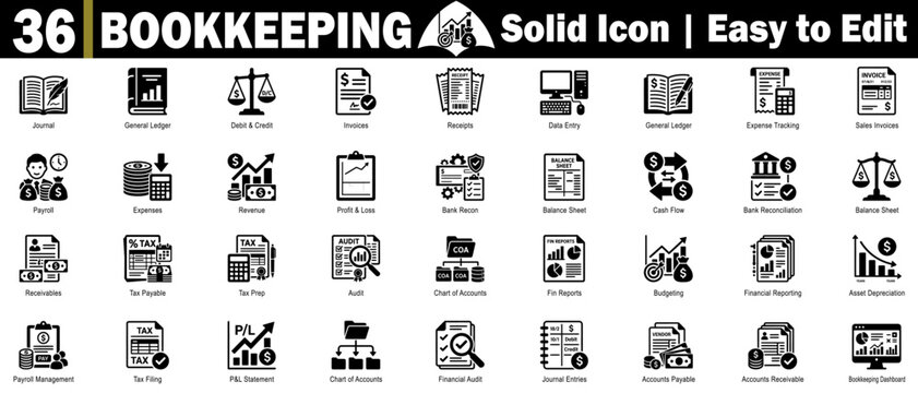 Bookkeeping flat black icons set. Showing financial accounting, reporting, auditing, payroll, and tax management procedures. vector illustration.