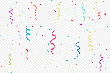 Obraz premium Colorful confetti and falling serpentine ribbon overlay on transparent background. Features magenta, red, yellow, lime and cyan ribbons with scattered confetti pieces.