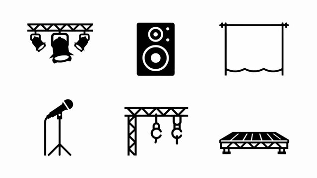 Stage Equipment Icons: Spotlight, Speaker, Curtain, Microphone, Truss, Platform