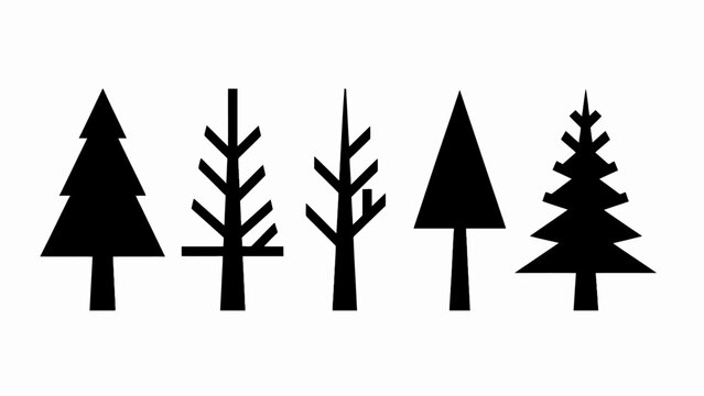 Set of stylized black pine trees, minimalist vector icons on white background