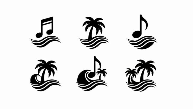 Tropical Music Icons: Palm Trees, Musical Notes, and Ocean Waves