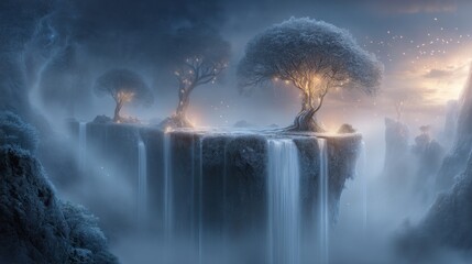 Fototapeta premium Enchanting Trees Suspended Above Waterfalls In A Surreal Dusk Landscape