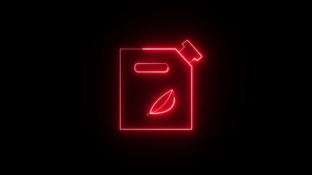 Neon red color biofuel can leaves icon sign animation on the black background. 4K motion graphics animation.