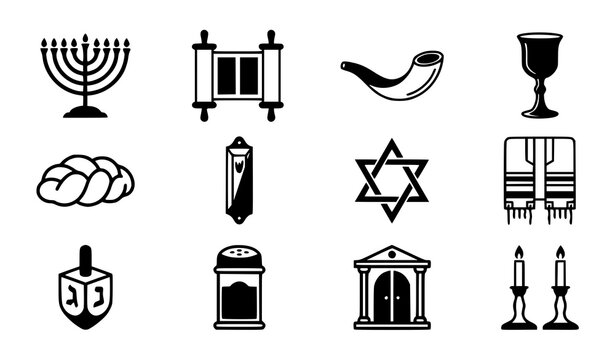Jewish and Judaism Religion Icon Set featuring Menorah, Torah Scroll, Shofar, Star of David, and Traditional Chanukah Holiday Elements Vector