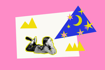 Dreaming girl collage with stars and moon — playful child imagination and pop art cutout © deagreez