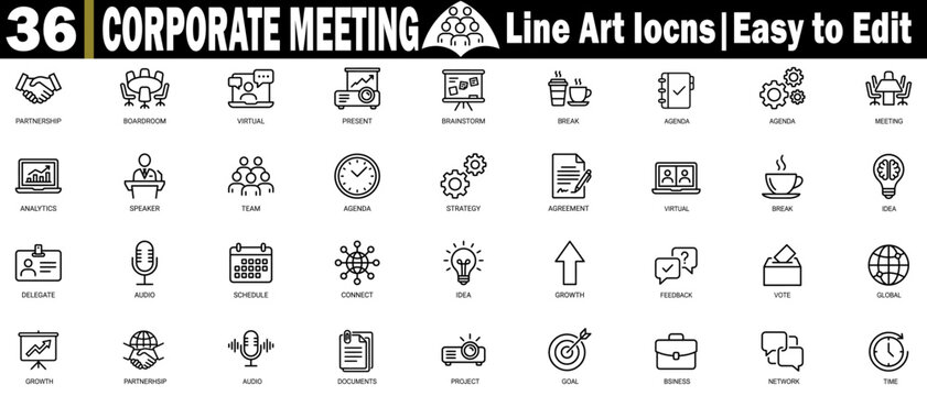 Line art icons for a corporate meeting. Featuring a business workflow and team collaboration strategy planning tools set, vector illustration.