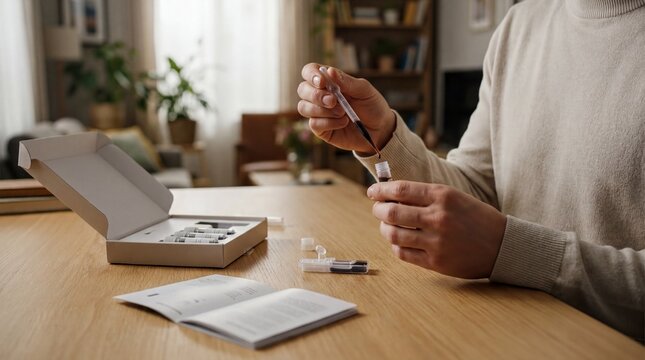 health diagnostics, a clean desk featuring a blood test kit, pipette, and a drop of blood