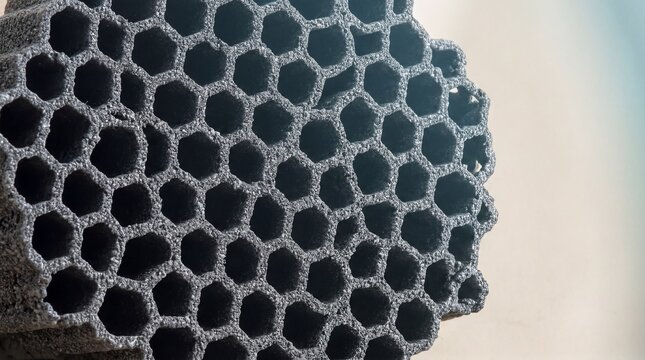 carbon capture technology, close-up of honeycomb-textured sorbent material, highlighting innovative carbon capture