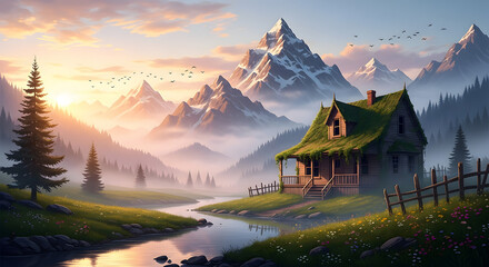Fototapeta premium A Rustic Wooden Cabin Covered In Green Vines Sits Peacefully Beside A Calm Winding River Under Majestic Snowcapped Mountains During A Beautiful Golden Sunrise Morning