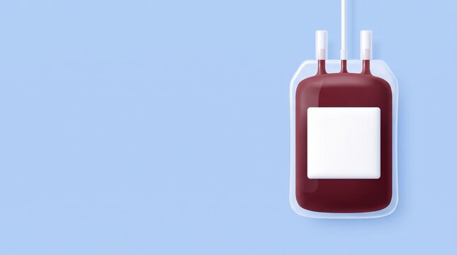 Blood collection bag for donation. Medical device with red liquid for transfusion and hematology therapy.
