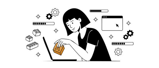 Obraz premium Woman developer building website interface on laptop computer, flat vector illustration featuring coding elements like gears, loading bars, and toy bricks for UI UX design concept and web development.