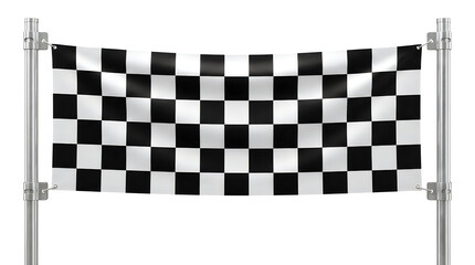 Obraz premium Wide checkered finish line banner stretched between two metal poles against white background isolated concept for sports races competitions and winners.