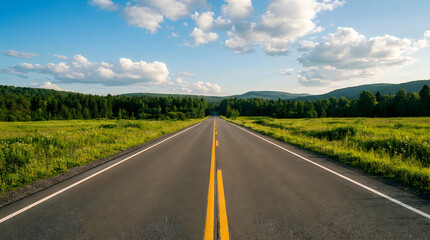 Fototapeta premium Long straight road through green field with forest in distance under blue sky with fluffy white clouds, summer landscape.