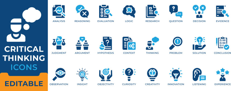Critical Thinking Logic Reasoning Analysis Icon Set - editable vectors for cognitive evaluation, brainstorming, and hypothesis.