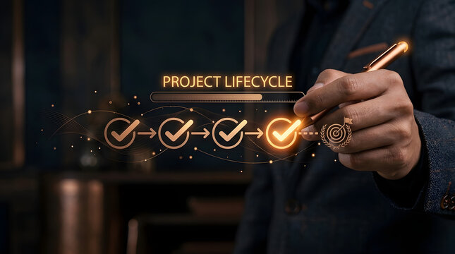Business Professional Checking Project Lifecycle Stages With Digital Checkmarks On Dark Glass Surface
