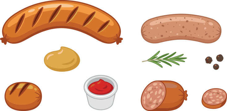 BBQ meat illustration collection with grilled sausage link salami slices barbecue sauce cups and cooking spices for restaurant menu design