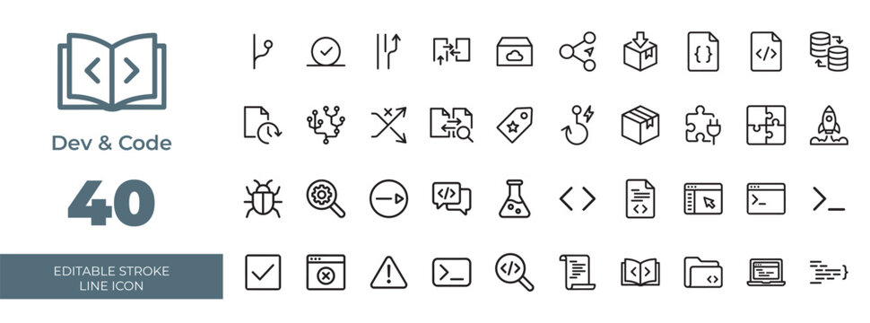 Set of 40 line icons representing software development and programming code