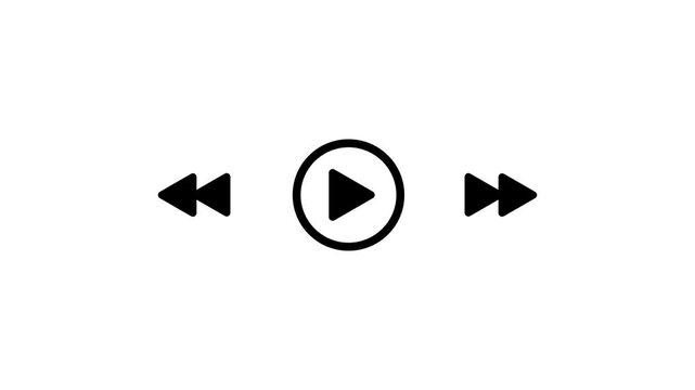 Black, minimalist, media, player, icons, animation, play, rewind, and, fast, forward, buttons on, white, background, UI, UX, motion, graphic, multimedia, navigation, controls, digital.
