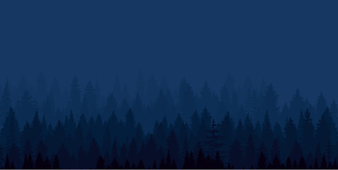 Dark blue coniferous forest vector illustration featuring dense pine trees with a mysterious night atmosphere © EliteGraphix