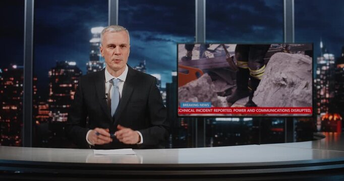 News Anchor Delivers Live Broadcast From TV Studio About Ongoing Search, Rescue Operation After Missile Attack on City. Video on Screen Shows Emergency Responders Clearing Debris, Evacuating Injured.