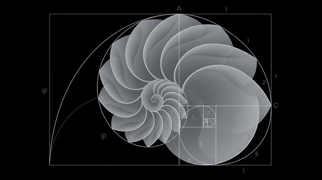 Mathematical Fibonacci Spiral Nautilus Shell Design Illustrating the Divine Proportion Geometry