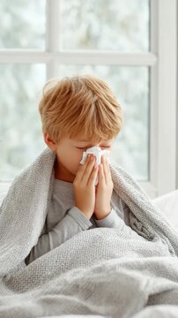 Sick child in bed blowing nose under blanket on cold winter day at home. concept of illness and childhood care