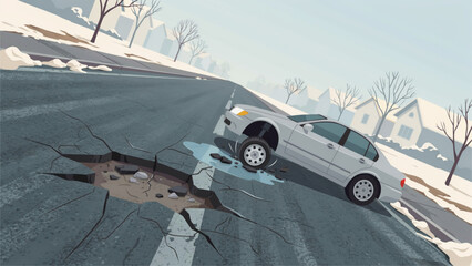 White car sliding down icy snowy mountain road with person holding on near cliff edge Vector © MSTHALIMA