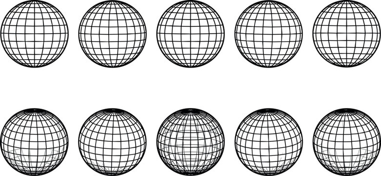 Global Wireframe Grid Sphere Icon Set with Latitude and Longitude Lines for Technology Networking Geography and 3D Graphic Design Vector Elements